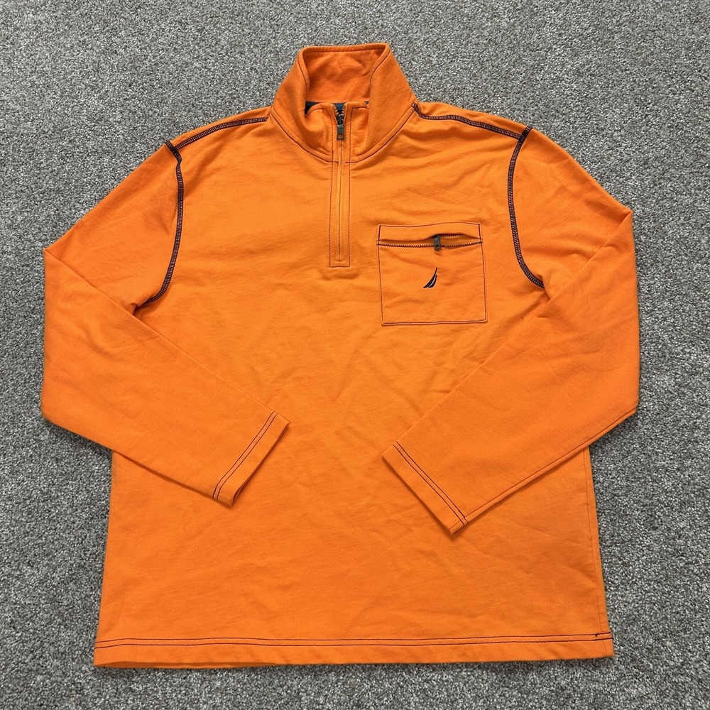 Nautica Sweatshirt Mens M Orange Jersey 1/4 Zip Mock Neck Chest Pocket Logo